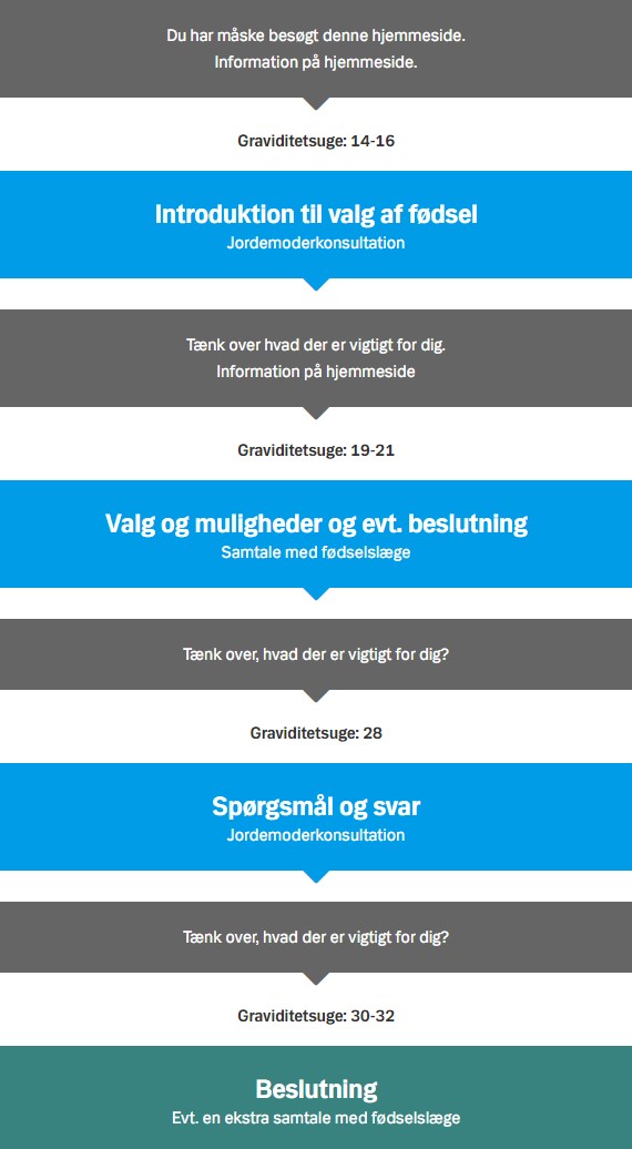 Beslutningsproces for valg af fødsel. Fra introduktion til fordele og ulemper til beslutning senest i uge 32. 